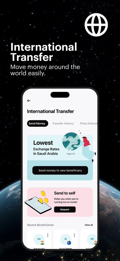 Screenshot of the barq app showing the international money transfer interface with features for sending money and viewing exchange rates