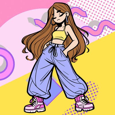 girl in baggy pants crop top and long hair