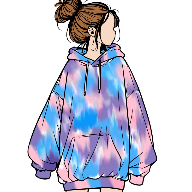 realistic girl with a oversized sweatshirt on and a bun