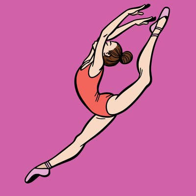 gymnast doing a leap in a leotard with a bent back leg