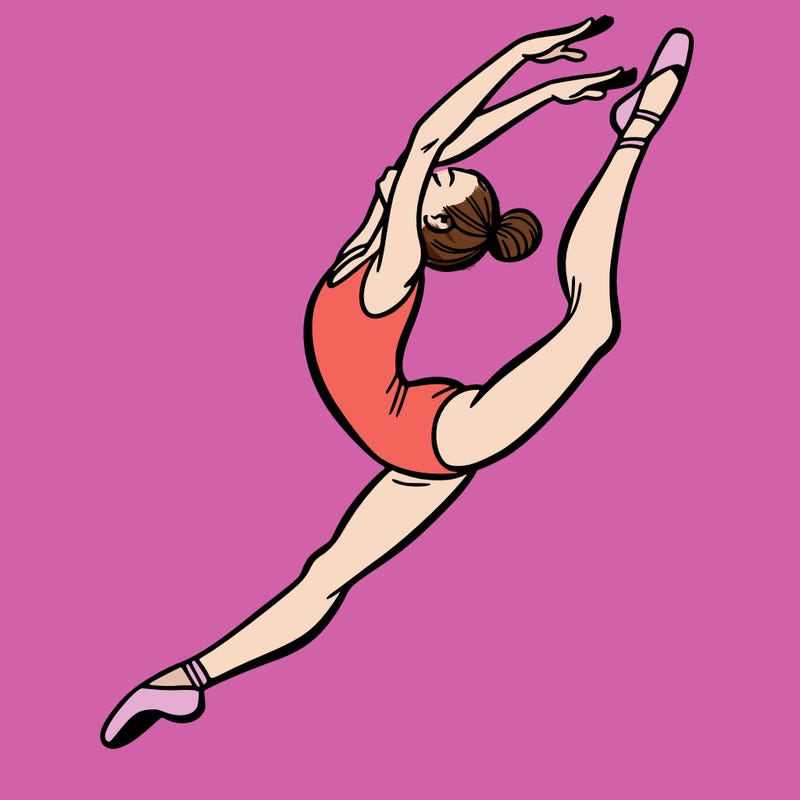 gymnast doing a leap in a leotard with a bent back leg