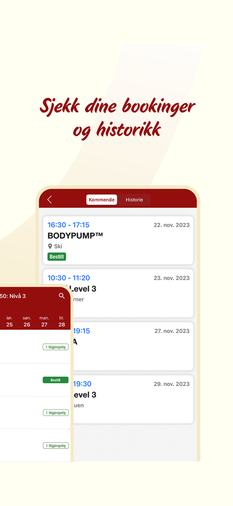 Fresh Fitness - Fresh Fitness mobile app screen showing upcoming gym class bookings and workout history