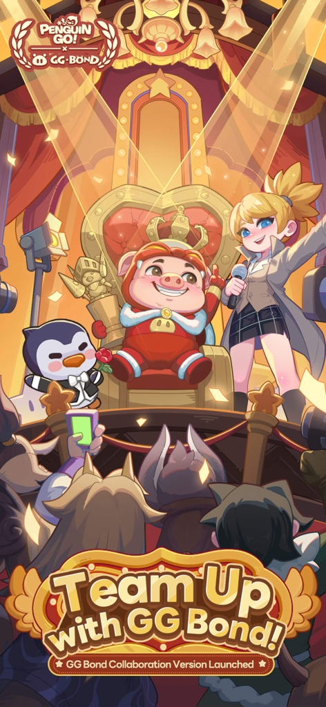 Penguin GO! - Collab - Penguin GO and GG Bond collaboration launch screen featuring characters on a stage