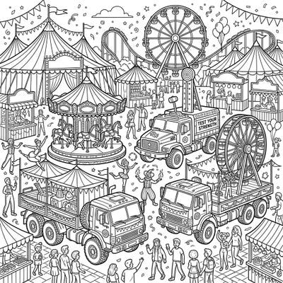 Experience the unexpected fusion of rugged military trucks and a joyful carnival atmosphere in this intricate coloring page. Discover a bustling scene filled with festive attractions, playful performers, and unique rides, all waiting for your creative touch.
