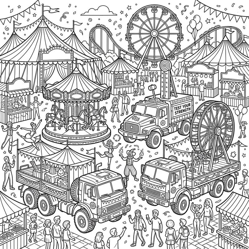 Experience the unexpected fusion of rugged military trucks and a joyful carnival atmosphere in this intricate coloring page. Discover a bustling scene filled with festive attractions, playful performers, and unique rides, all waiting for your creative touch.