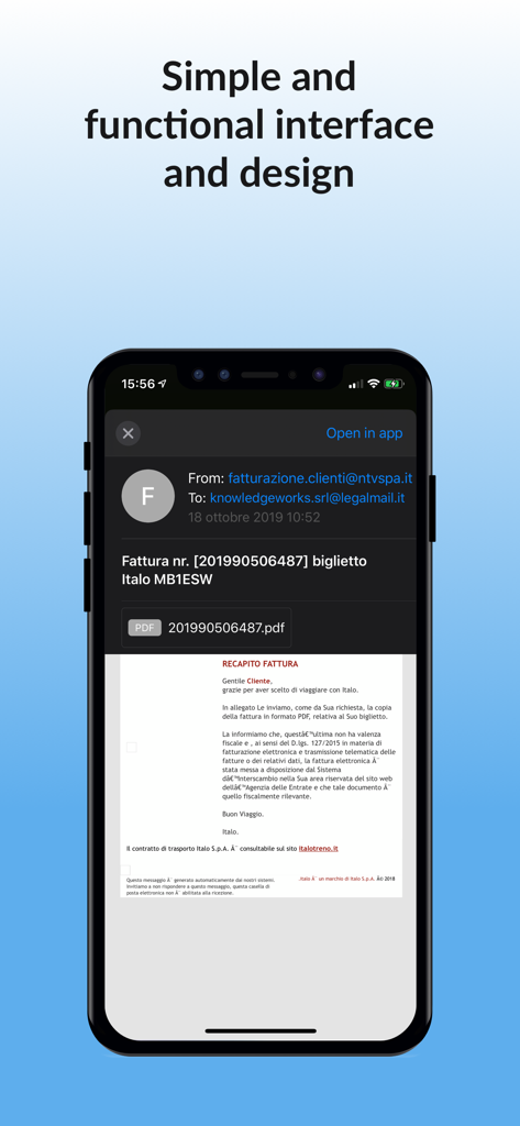 Interfaccia dell'app EML reader Pro che mostra un'email con un allegato PDF su un iPhone.
