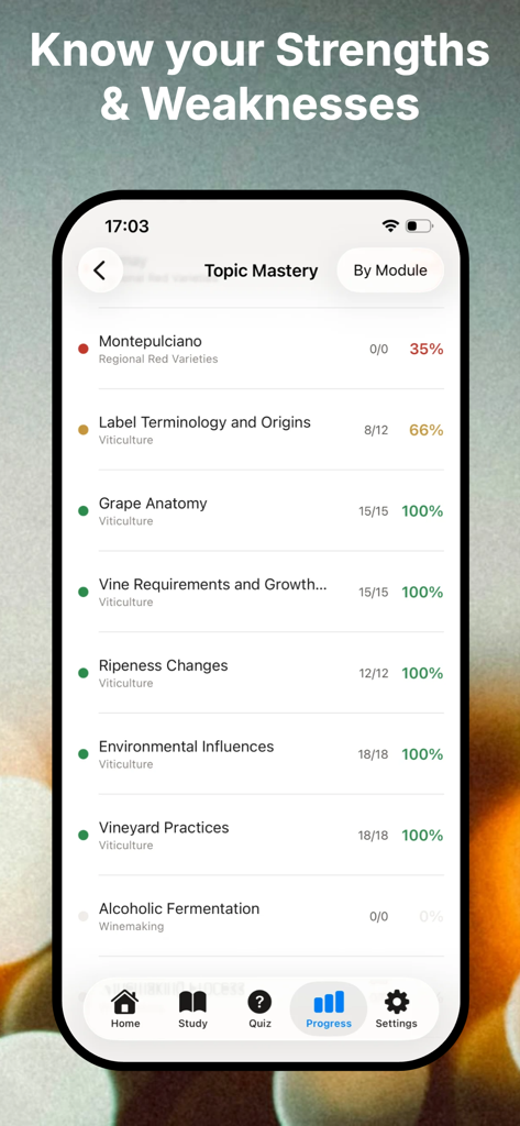 A mobile screen showing the Topic Mastery section of the VinoPrep app with progress percentages for various wine education topics.