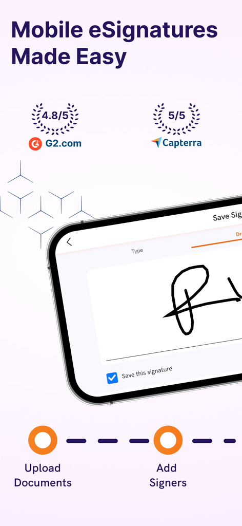 Foxit eSign - Foxit eSign mobile app interface showing electronic signature capture and high ratings from G2 and Capterra