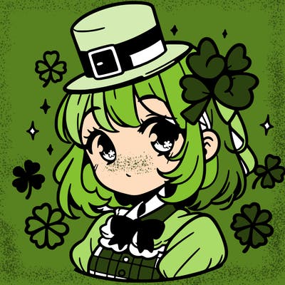 a manga-style girl with clovers around her, a little hat in her hair, like it's saint patrick's day