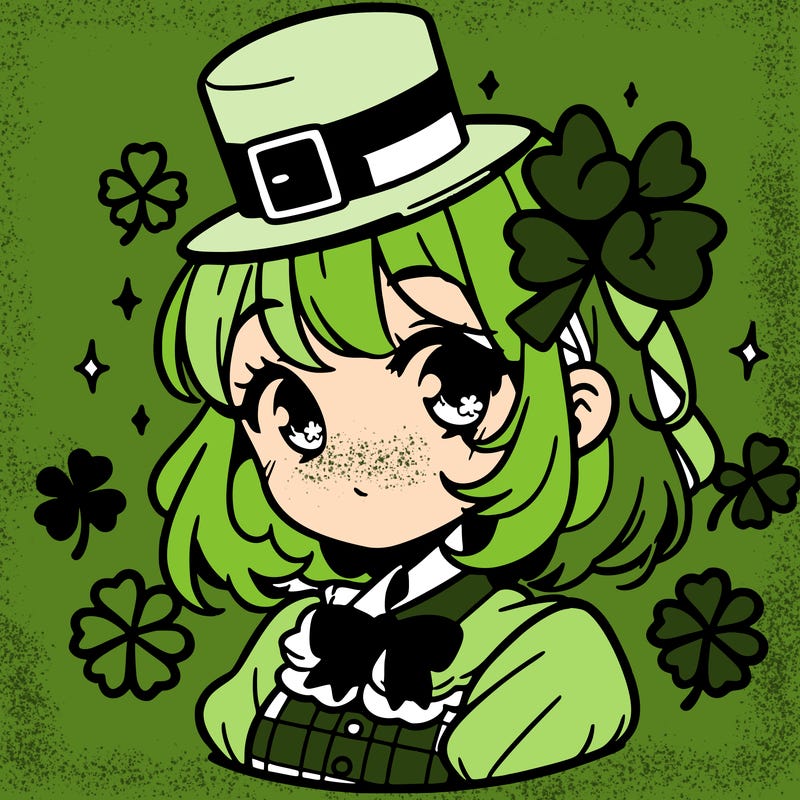 a manga-style girl with clovers around her, a little hat in her hair, like it's saint patrick's day