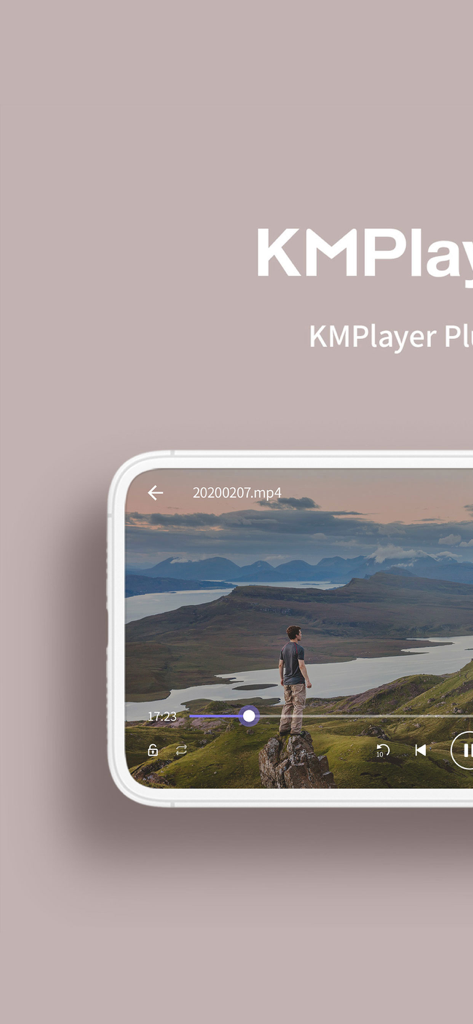 KMPlayer+ Divx Codec - Smartphone screen showing the KMPlayer Plus app playing a high definition video of a person on a mountain overlooking a lake