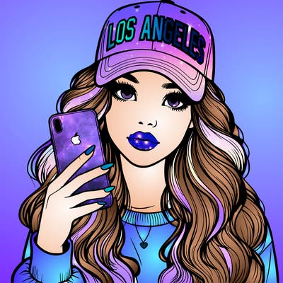 realistic beautiful girl wearing los ángeles cap holding an iphone