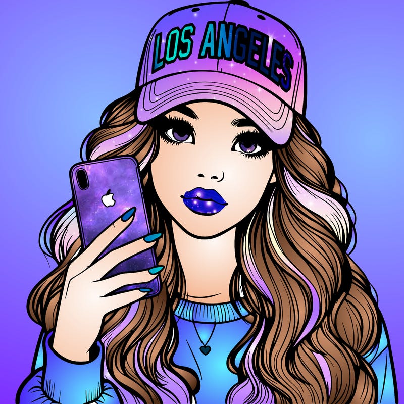 realistic beautiful girl wearing los ángeles cap holding an iphone