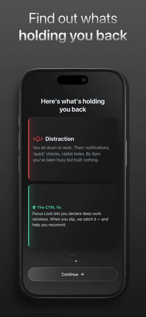CTRL - Self Improvement OS - A smartphone screen from the CTRL app displaying the focus lock feature used to eliminate distractions and promote deep work.