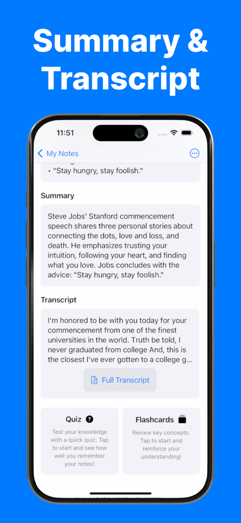 AI Note Taker Lecture Recorder - VocaNote app displaying an AI-generated lecture summary and transcript on an iPhone.