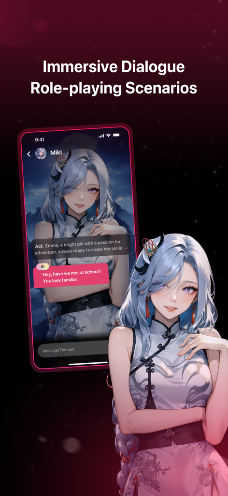 SoulTalk app screen featuring an AI anime character in a roleplay chat scenario