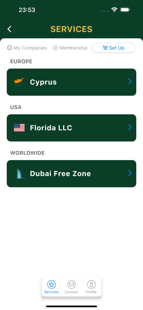 Tela do aplicativo PMG Services mostrando opções para constituição de empresas internacionais em Chipre, EUA e Dubai