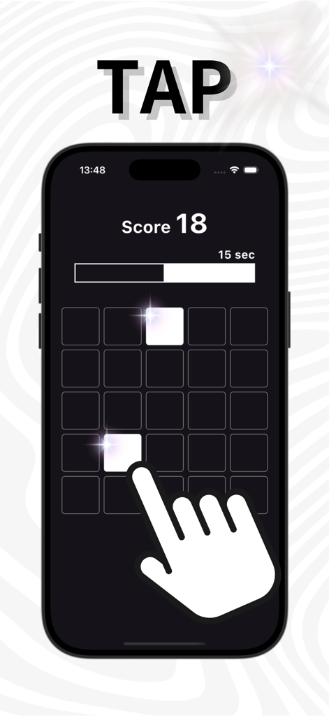 Reflex Reaction Tap Training - Interface d'application mobile montrant une grille de carrés avec une icône de main touchant un carré blanc mis en surbrillance pour entraîner la vitesse de réaction