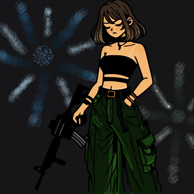 a dangerous girlcrop top and baggy jeans with a rifle in her hand