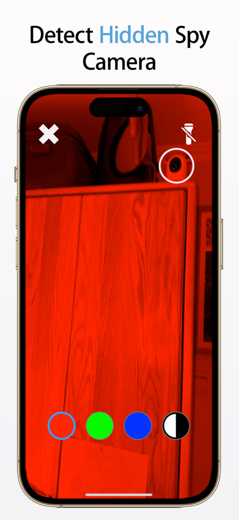 SecurityX- AD Blocker,Privacy+ - SecurityX app interface showing the hidden spy camera detector feature scanning a room with a red filter