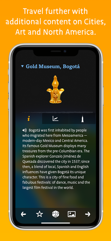 Barefoot World Atlas - Schermata educativa dall'app Barefoot World Atlas che descrive fatti storici sul Museo dell'Oro di Bogotà con un'icona di artefatto d'oro.