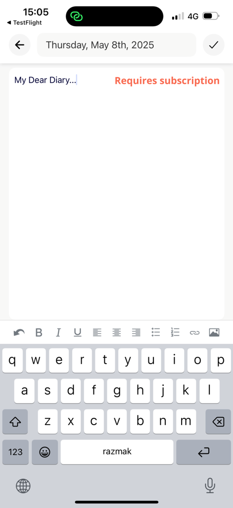 My Dear Diary Journal - The interface of the My Dear Diary app showing a text editor with formatting tools for writing a personal journal entry.