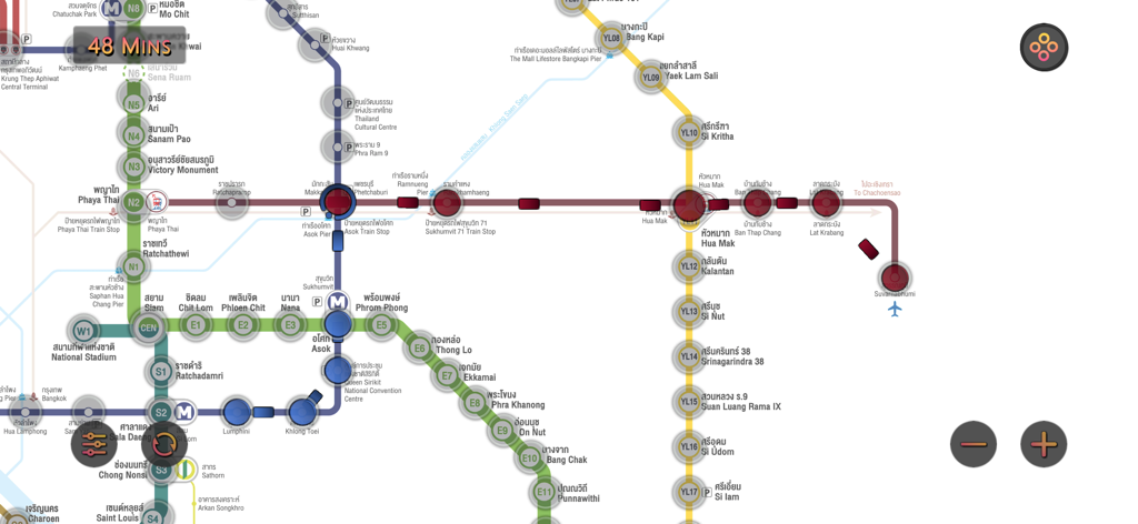 Bangkok MRT BTS Map Route - 예상 소요 시간이 표시된 계산된 경로를 보여주는 방콕 MRT 및 BTS 역의 인터랙티브 지도