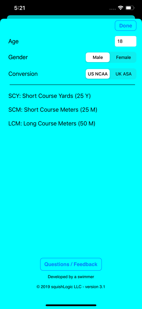 Swim Converter - Settings screen of the Swim Converter app showing options for age gender and conversion standards