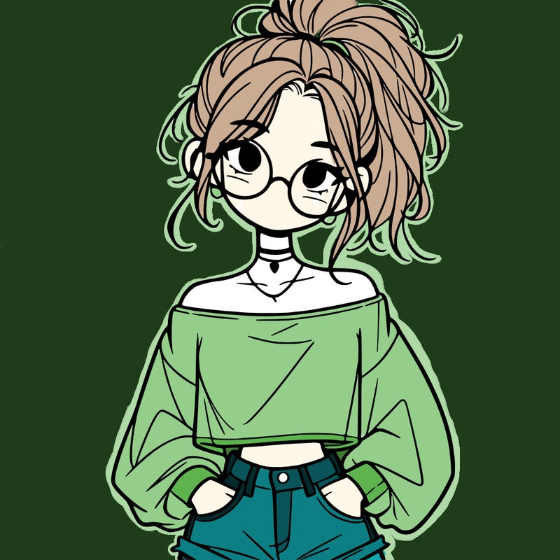 girl with a messy ponytail glasses a baggy crop top and jean shorts