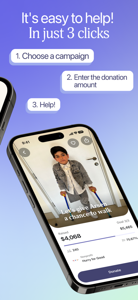 IMAST: Charity Donate - IMAST app interface showing the three-step process to donate to Armenian charity campaigns