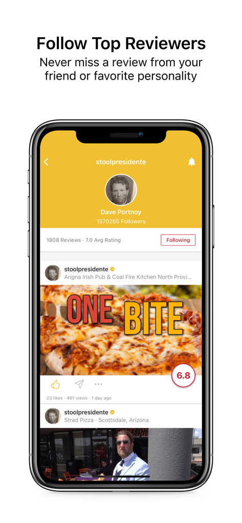One Bite by Barstool Sports - Profilo dell'app One Bite di Dave Portnoy con recensioni di pizza e punteggi