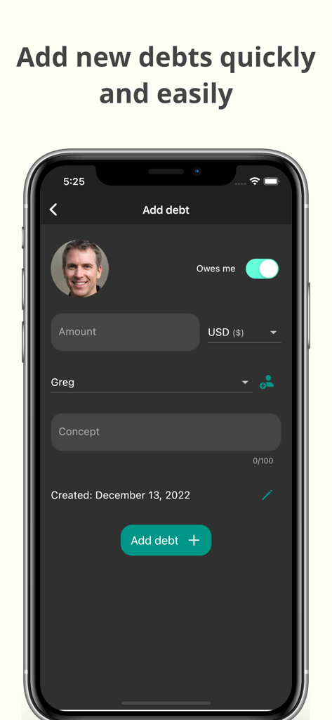 Debt Tracker - Debt payoff - Interfaccia dell'app mobile per aggiungere una nuova voce di debito in Debt Tracker