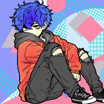 a male hoddie ripped jeans messy hair anime