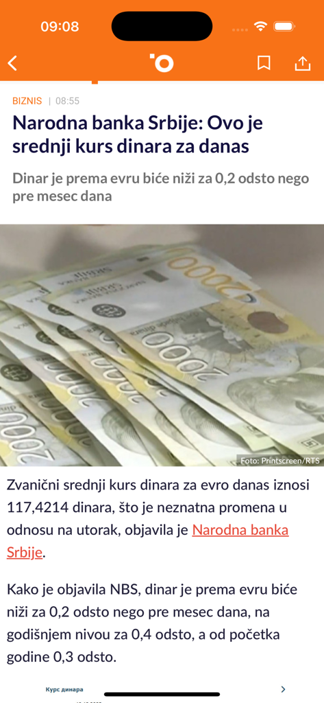 Un article d'actualités économiques dans l'application Objektiv sur le taux de change du dinar serbe présentant des billets de banque.