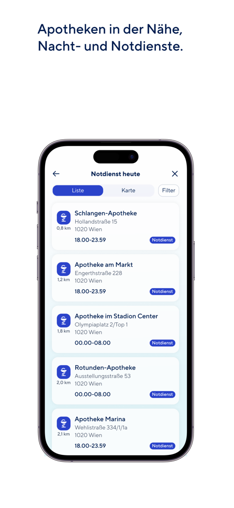 Meine ÖGK App-Screenshot zeigt eine Liste von Notfallapotheken in der Nähe in Wien