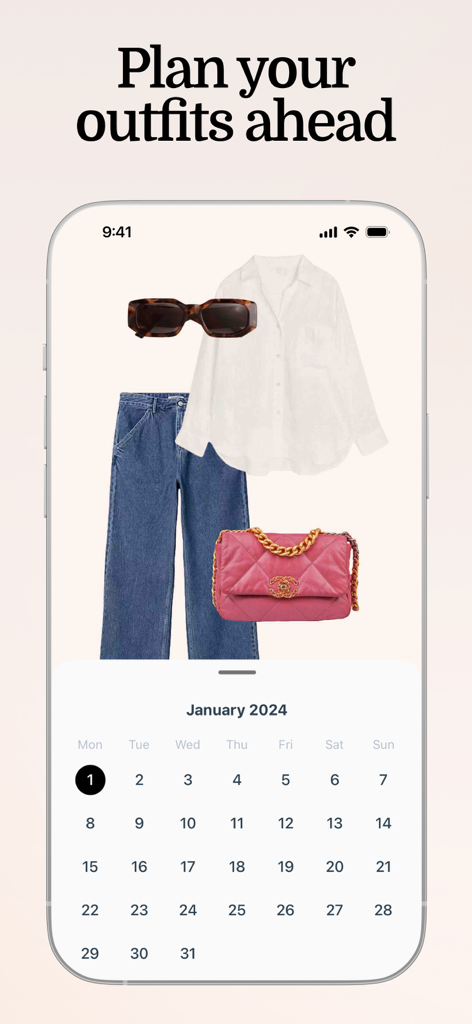 Fits – Outfit Planner & Closet - Mobile interface showing a calendar and a curated outfit with a white shirt blue jeans and a pink bag