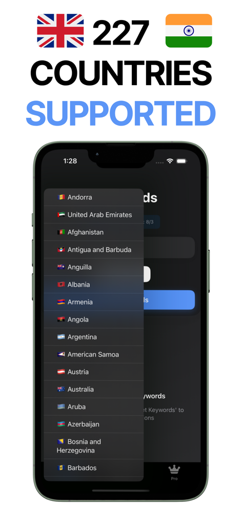 グローバルなキーワードデータのために227の対応国のドロップダウンリストを表示する、iPhone上のSEOキーワード調査ツールアプリ