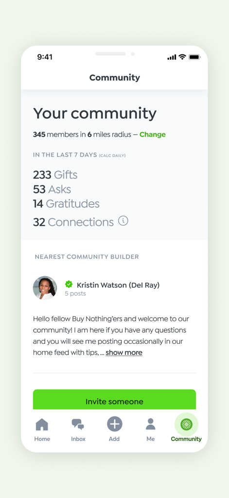 Dashboard della comunità BuyNothing che mostra l'attività locale e le statistiche dei membri