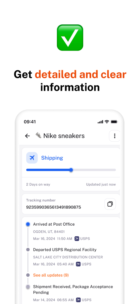 Package Tracker － Packy - Screenshot of the Packy app interface showing a detailed package tracking timeline for Nike sneakers delivered by USPS.