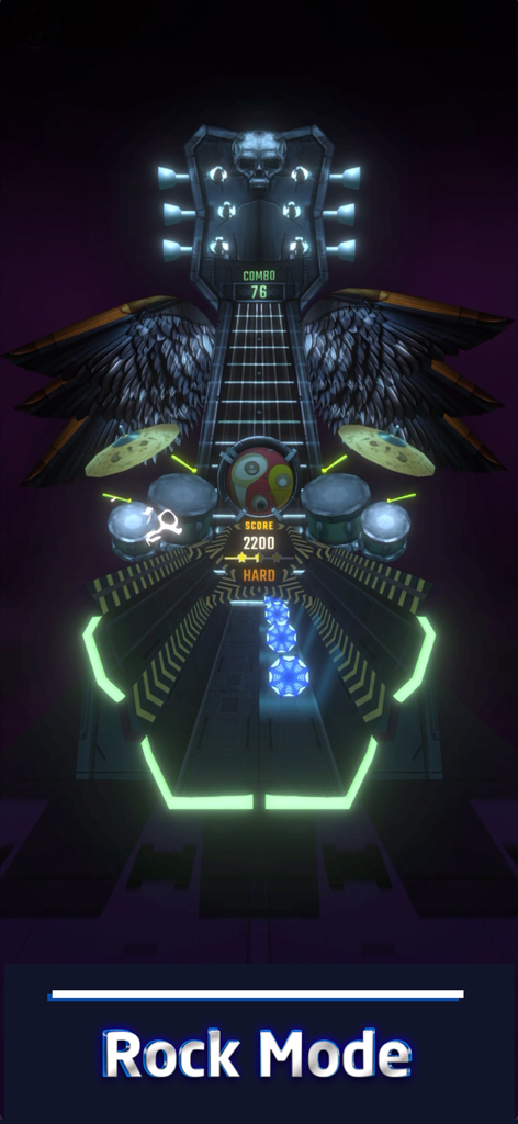 Beat Swiper - Interfaz del modo Rock del juego de ritmo móvil Beat Swiper con temática de guitarra y batería de neón