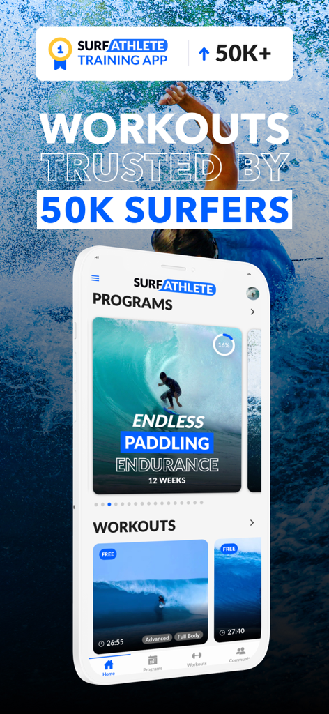 Surf Athlete: Surf Training - The Surf Athlete mobile app interface showing paddling endurance training programs and surf workouts