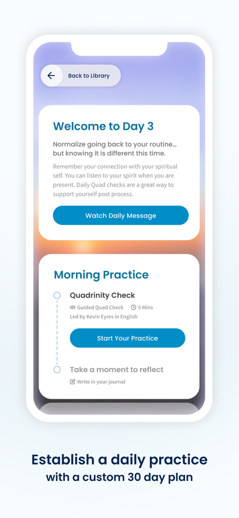 Interfaz de la app móvil Hoffman Daily Practice que muestra una rutina matutina guiada y un plan personalizado de 30 días