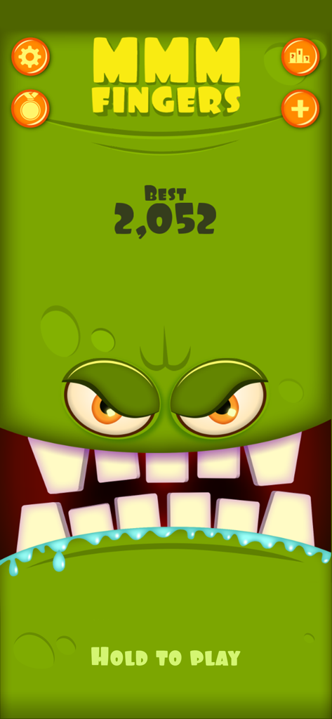 Pantalla de inicio del juego móvil Mmm Fingers con un peculiar monstruo verde y la puntuación más alta
