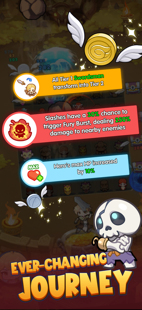 Ragnarok Crush: Match & Merge - Ragnarok Crush gameplay screen showing various skill and stat upgrades for heroes including swordsman transformation and HP increase.