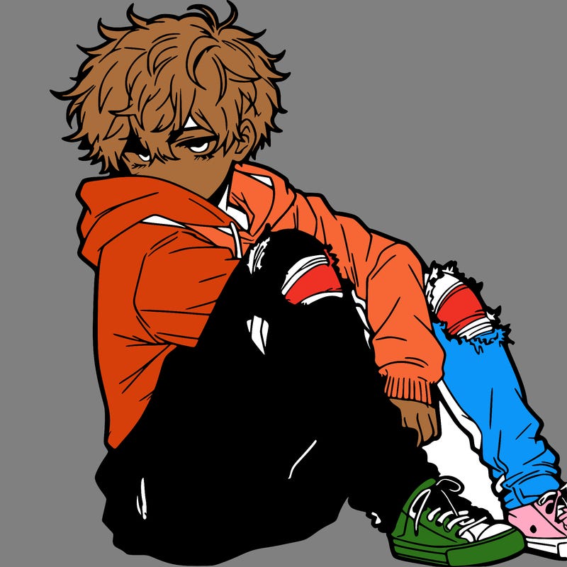 a male hoddie ripped jeans messy hair anime