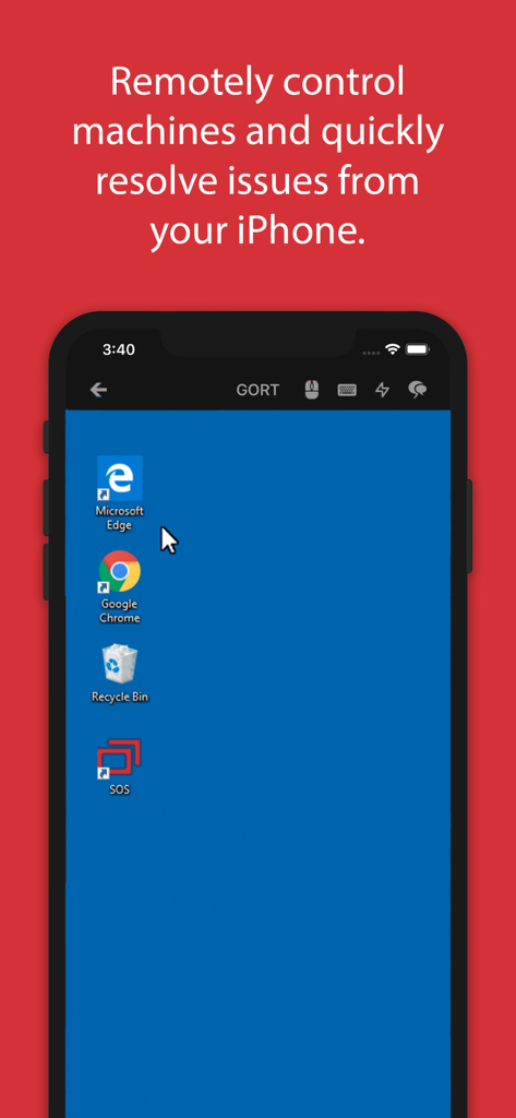 ConnectWise Control mobile app interface showing a remote Windows desktop session on an iPhone