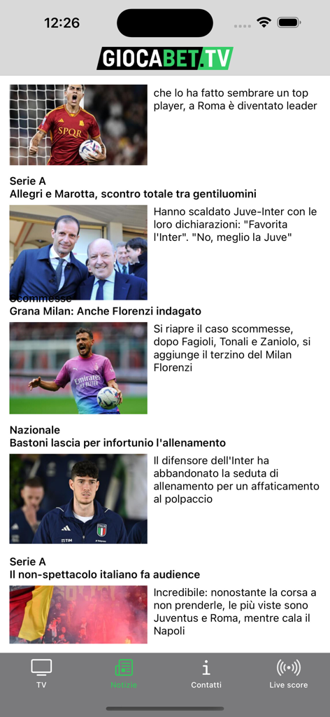 Giocabet.TV - Interfaz de la aplicación móvil Giocabet TV que muestra artículos de noticias de fútbol italiano y titulares.