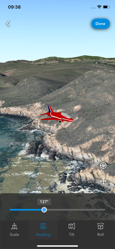 Adjusting the heading of a 3D airplane model on a coastal terrain map in ArcGIS Earth