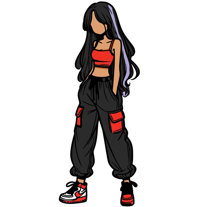 girl in baggy pants crop top and long hair