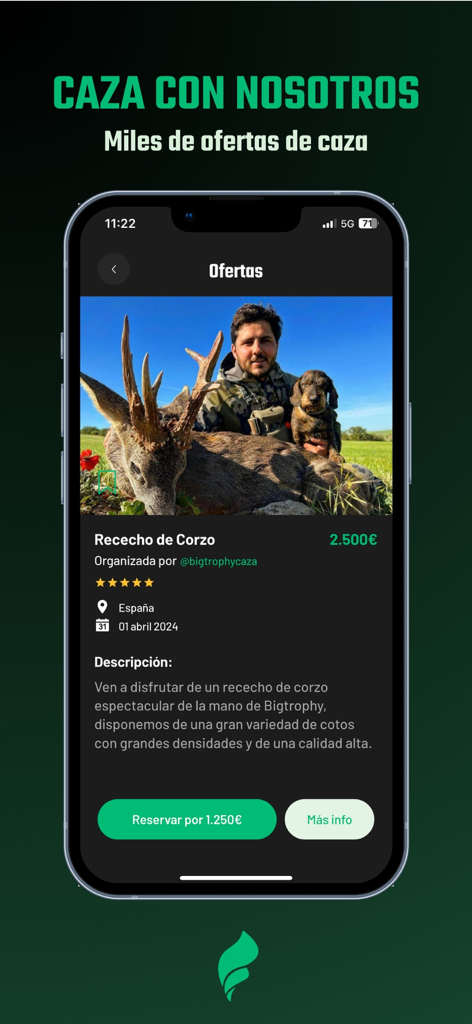 Ferox - Your Hunting App - Una pantalla de smartphone que muestra la aplicación de caza Ferox con una oferta de acecho de corzo y detalles de precios